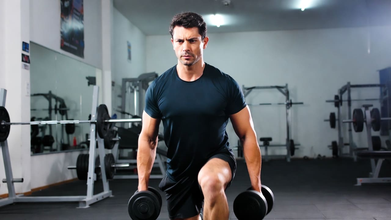 Мужчина в спортивном зале делает выпады гантелями